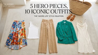 Summer capsule wardrobe layout featuring a floral skirt, linen trousers, green blazer, and silk slip dress.
