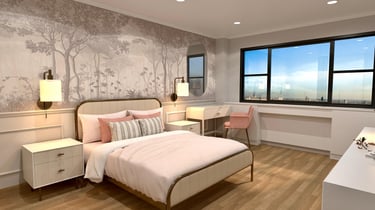 Photorealistic 3D interior render for bedroom with elegant furniture, warm lighting-by SketchyCAD