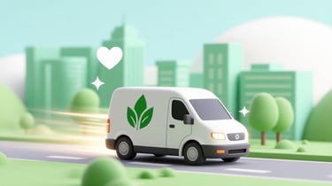 Véhicule de livraison électrique circulant en ville, illustrant une livraison écologique et rapide.