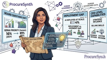 Professional woman analyzing digital dashboards about GenAI priority, human governed AI deployment, and strategic judgment.