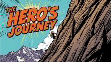 A comic book image representing the climb of the hero's journey