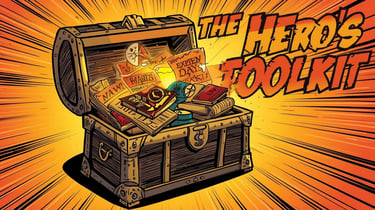Comic book style chest full of articles and resources to help the hero on their journey