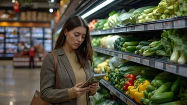 A woman frustrated over fresh produce prices in a supermarket.