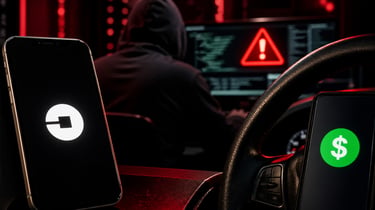 Ilustração de hacker em frente a computadores com alerta de segurança enquanto celular e painel de m