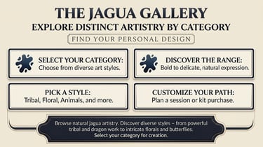 The Jagua Gallery menu featuring natural temporary tattoo styles like tribal, floral, and animal designs.
