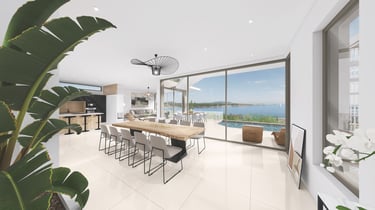 Une vue 3d grand angle d'un salon