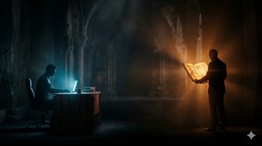 Figura humana y símbolo papal ante la IA, contraste de luz cálida y fría, escena dramática cinematográfica.