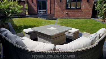 Corner Triangle Garden With Black & Grey Limestone Patio Sleeper Retaning Walls Multi-tier Level