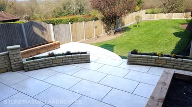 Elevated raised porcelain patio renovation and lawn levelling - Upminster 
