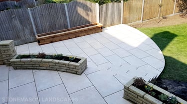 Elevated raised porcelain patio renovation and lawn levelling - Upminster 