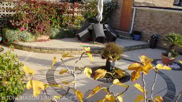 Fully paved multi-tier level garden with elevated raiesed patios and circles.