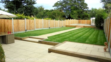 Large multi-level tiered garden makeover, sleeper retaining wall and steps elevated garden