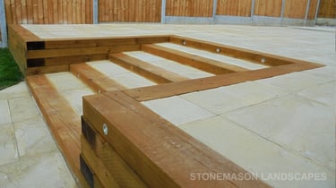 Large multi-level tiered garden makeover, sleeper retaining wall and steps elevated garden