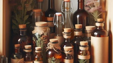 brown glass bottles with herbs inside