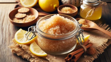 a bowl of brown sugar with sliced lemon beside it