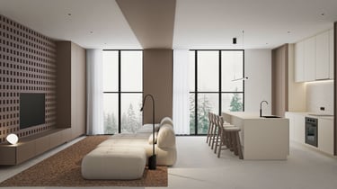 Modern minimalist open plan living room and kitchen featuring a beige modular sofa and floor-to-ceiling windows with a snowy