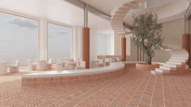 Modern minimalist interior with terracotta brick flooring, spiral staircase, and indoor olive tree.