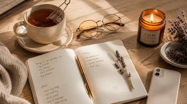 A gratitude journal on a desk with a cup of tea, scented candle, and dried lavender for mindfulness.