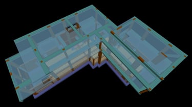Moradia em Vila Alegre, concelho do Seixal. Projeto de Estruturas e Fundações. Vista tridimensional do Tecto do Piso 1 e Cobe