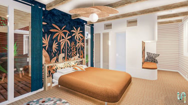 Visuel photoréaliste d'une chambre dans un chalet confortable et chaleureux