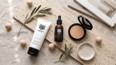 Yeshua Skin skincare set including exfoliating facial polish, hyaluronic acid serum, and compact powder.