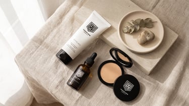 Yeshua Skin skincare set featuring face exfoliate tube, hyaluronic acid serum, and compact powder.