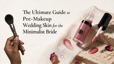 A minimalist bride skincare and makeup guide featuring a liquid lip tint, makeup brush, and rose petals.