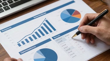 A businessman analyzing financial data reports with charts and graphs on a wooden desk with a laptop.