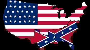 american and confederate flags merged into the shape of the United States