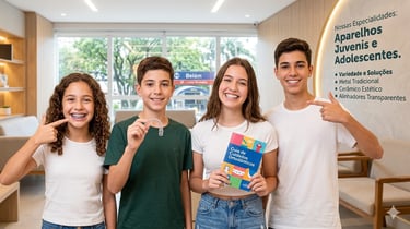 Quatro jovens sorrindo no dentista mostram variedade de aparelhos fixos e alinhadores invisíveis perto do metrô Belém.