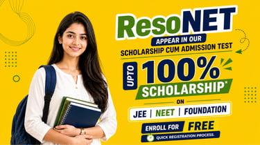 A student holding books for ResoNET 100% scholarship cum admission test for JEE and NEET coaching.
