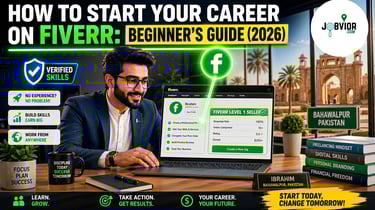Man working on Fiverr dashboard with career growth theme and Jobvior branding.