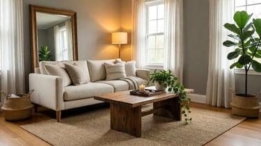 Warm neutral living room with cream linen sofa, wood coffee table, jute rug, and large mirror