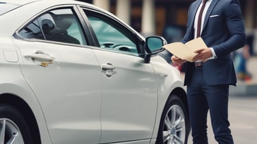 Un uomo d'affari in giacca e cravatta esamina i documenti di un veicolo accanto a una berlina bianca
