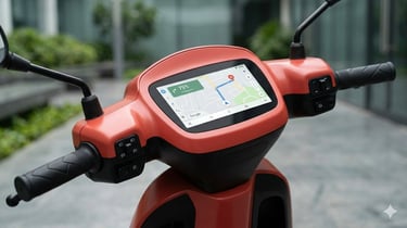 Close-up of Ola S1 Air smart touchscreen dashboard showing navigation and app control features.