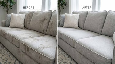 A side-by-side comparison. The left couch is stained; the right couch is clean after a professional cleaning.
