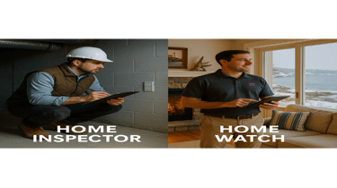Split image showing home inspector with clipboard vs. home watch professional monitoring a cozy Main