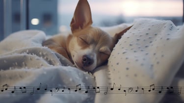 Dog sleeping in bed, covered with a blanket, with musical notes below.