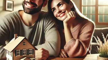 Pareja feliz celebrando la aprobación de su préstamo hipotecario en Bogotá.