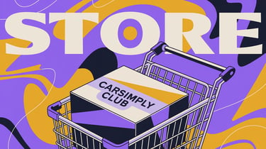 Carsimply Club store box inside a shopping cart over a purple and yellow abstract background.