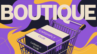 Un chariot de course contenant une boîte "CAR SIMPLY CLUB", avec le mot "BOUTIQUE" écrit de façon au