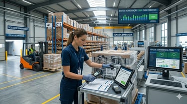 "Funcionária de logística em armazém moderno realizando conferência de dados com tablet e scanner, e