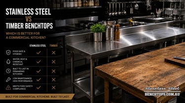 Comparison chart detailing stainless steel vs timber benchtops in a workspace.