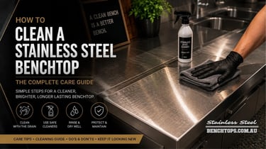 Wiping down a commercial kitchen counter to show how to clean a stainless steel benchtop.