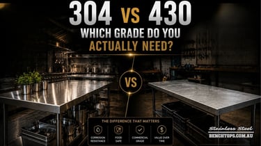 Commercial kitchen benches contrasting premium 304 vs 430 stainless steel.