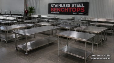 Range of kitchen benches showcasing competitive stainless steel benchtop cost australia.