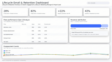 Email share of revenue: 8% → 25% to 30% within 120 days Flows share of email revenue: became majorit
