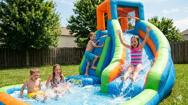 kids playing on inflatable water slide in backyard