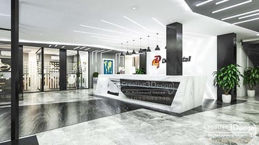 تصميم مودرن فخم ومبتكر لكاونتر استقبال شركة منتجات بناء