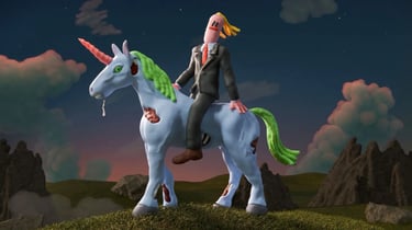 a man riding a dead unicorn